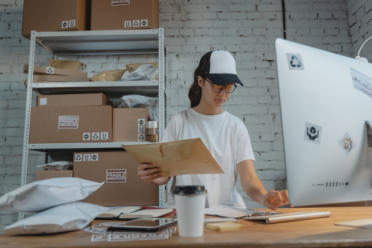 Young woman sorting packages in a warehouse office setting, focused on logistics work.