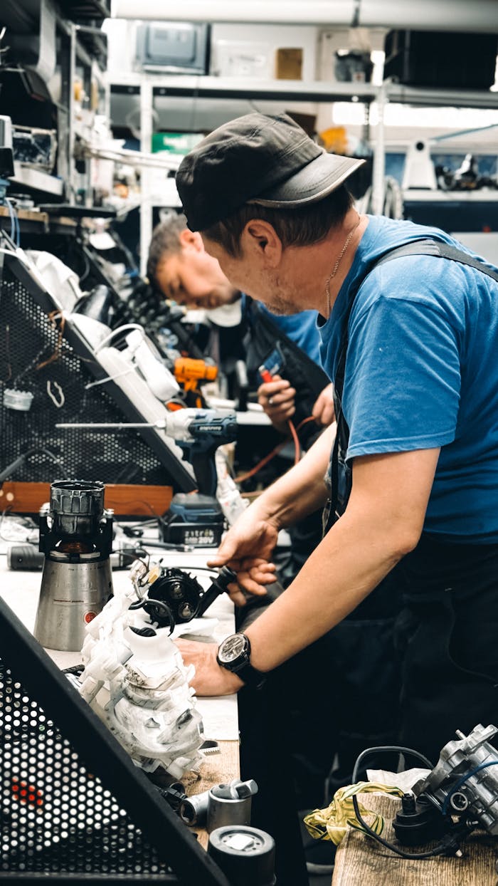 Adult men repairing industrial machinery in a cluttered workshop setting.