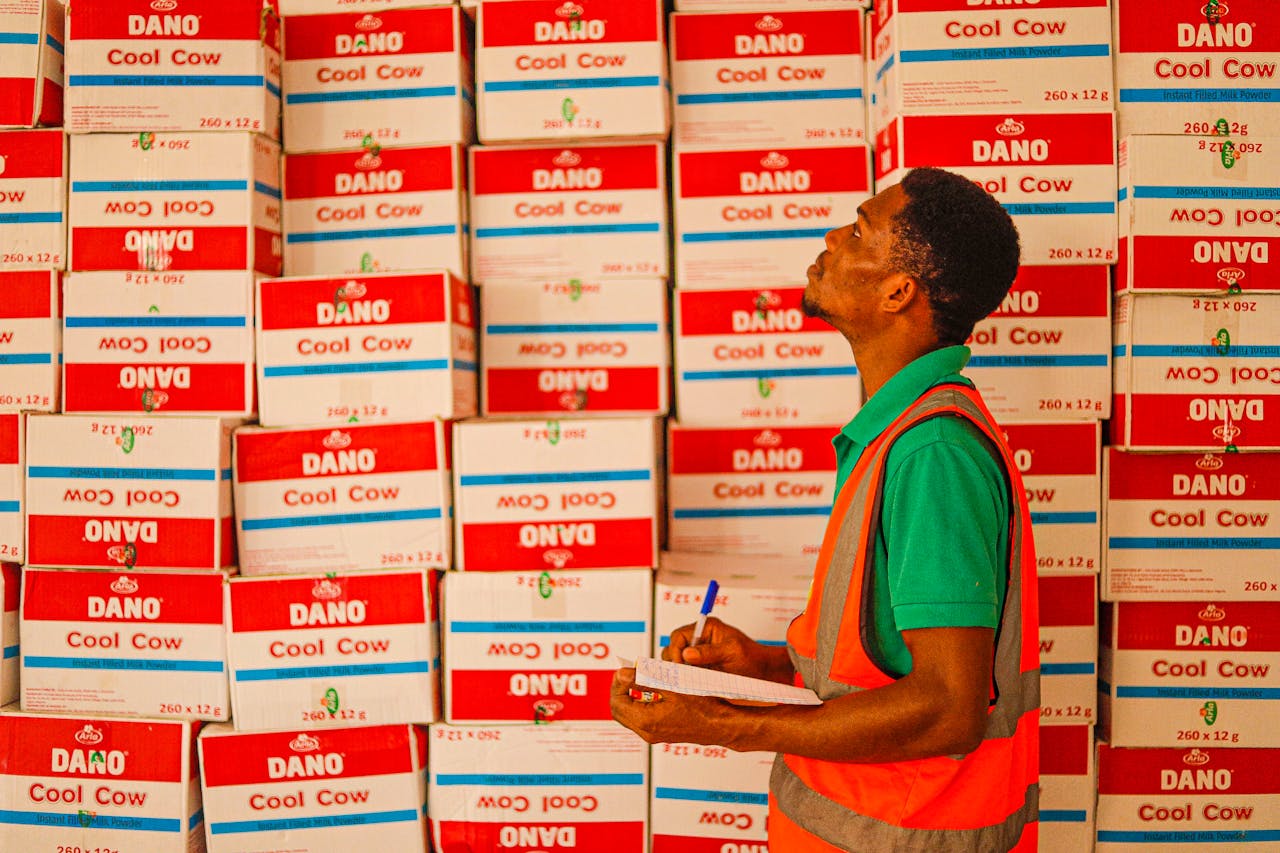 A warehouse worker examining stacked boxes labeled Dano Cool Cow.